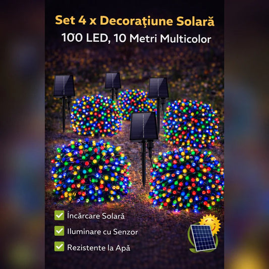 Set 4 x Decoratiune Solara 100 LED, 10 Metri Multicolor – Iluminat Decorativ Exterior cu Panou Solar, Rezistente la Intemperii