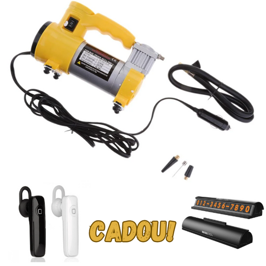 Pachet promotional Compresor auto profesional, 12V, 35 l pe minut + Casca bluetooth handsfree + Suport numar telefon parcare CADOU