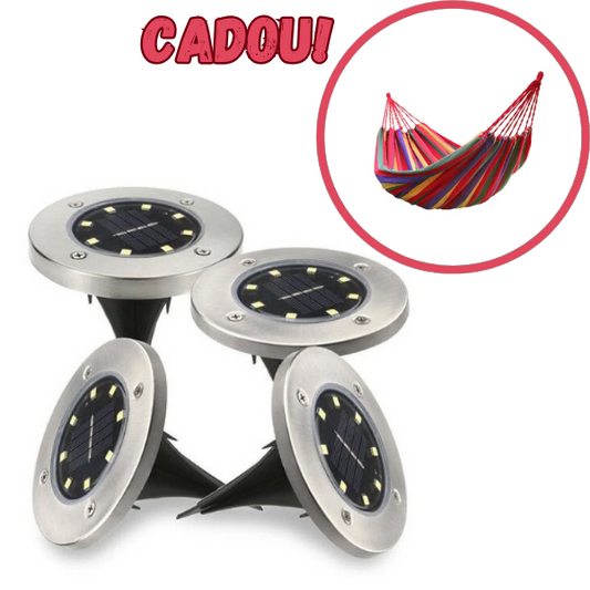 Set 4 Lampi Solare metalice Argintii Disk Lights pentru gradina + Hamac CADOU!