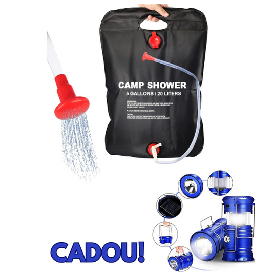 Dus solar pentru camping, PVC, reglabil, capacitate 20 litri + Lanterna tip felinar solar cu functie incarcare telefon CADOU