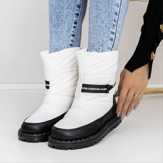 Cizme dama alb cu negru din piele ecologica si material textil