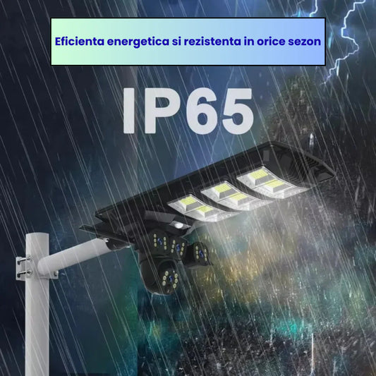 Lampa Solara cu Camera Supraveghere 450W, IP65, Detectie Miscare, Panou Solar Integrat, Monitorizare 24/7, Control Telefon, Rotatie 360°