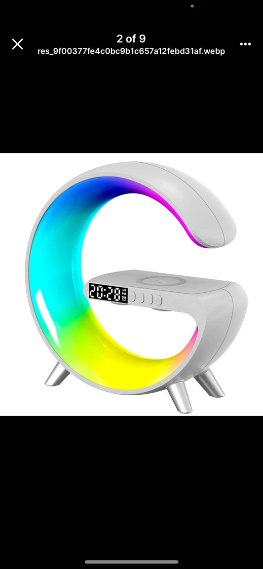 Lampa Moon RGB cu ceas cu alarma, lumina si sunet, difuzor Bluetooth si incarcator rapid wireless
