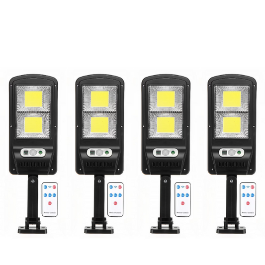 Set 4 Lampi cu incarcare solara, 108 LED-uri COB, senzor de miscare si telecomanda