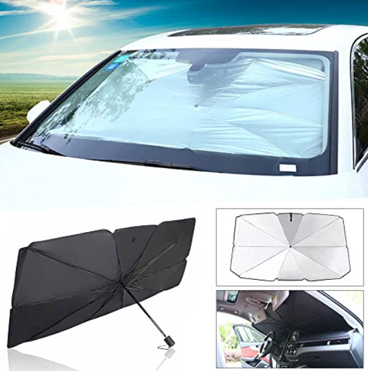 Pachet Parasolar pliabil tip umbrela pentru parbrizul masinii + Placuta numar telefon parcare, pentru parbriz CADOU