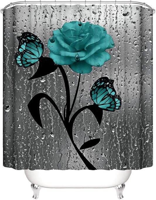 Set baie 4 piese: perdea, covorase si husa de toaleta, Blue Rose