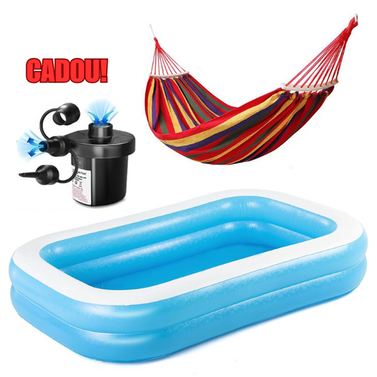 Pachet promotional Piscina Gonflabila cu 2 inele + Hamac din bumbac, dimensiuni 200 x 80 cm + Pompa electrica CADOU
