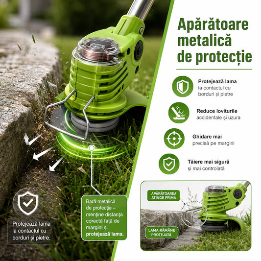 Motocoasa Electrica Fara Fir 48V, 18.000 RPM – 2 Acumulatori 4000 mAh, Roti Detasabile