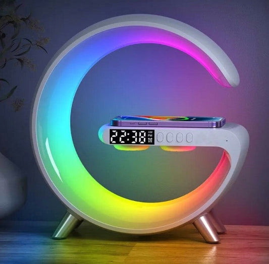 Lampa Moon RGB cu ceas cu alarma, lumina si sunet, difuzor Bluetooth si incarcator rapid wireless